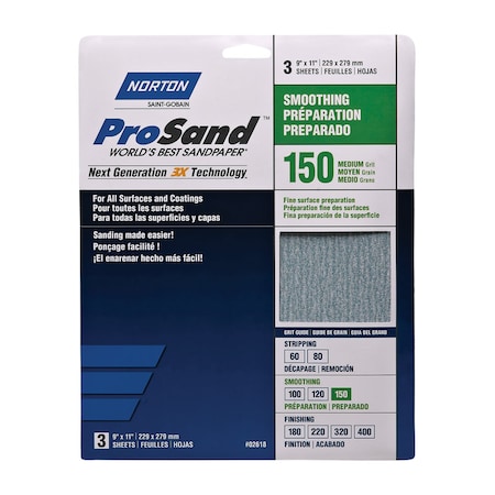 Norton Abrasives Norton ProSand 11 in. L X 9 in. W 150 Grit Aluminum Oxide Sandpaper 3 pk 7660768160